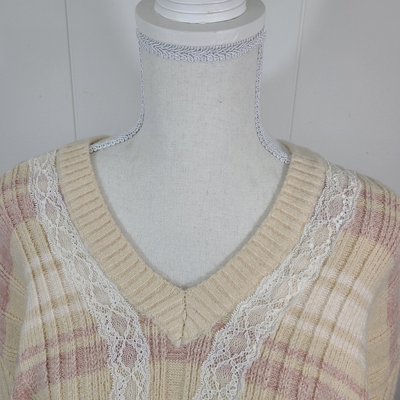 POL Chunky Knit Sweater Lace Stripe Rib Sharkbite High Low V Neck Boxy Oversized - Picture 3 of 12